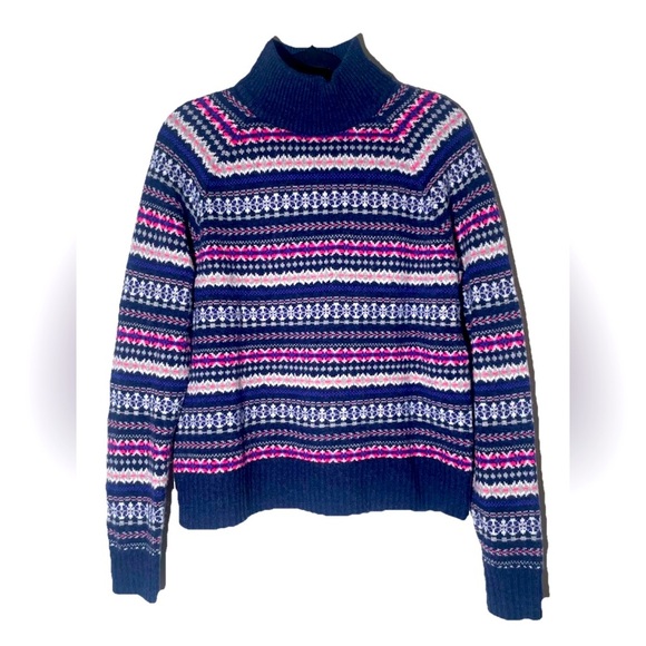 J.Crew Sweater Women's Sz L Blue Fair Isle Wool Turtleneck Nordic Cabincore Roll - Picture 1 of 13